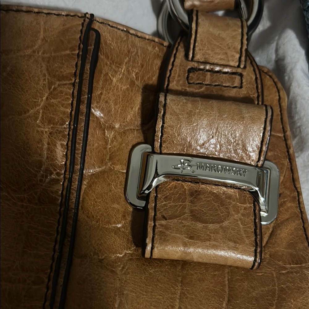 B. Makowsky Tan Shoulder Bag with Distressed Leather and Double Straps - Picture 14 of 14